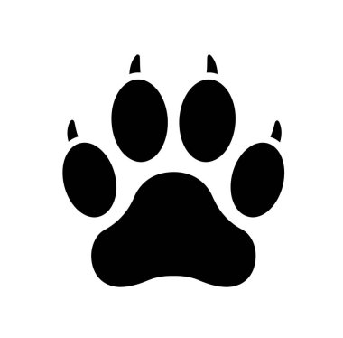 Kedi patisi silueti. Kedi patisinin siyah silueti, berrak ayak parmakları ve ped tasarımı, basitlik ve çekicilik sergiliyor. Clipart siyah illüstrasyon tasarımı.