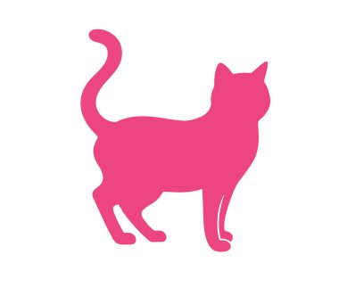 Pembe kedi silueti. Kuyruğu yukarı doğru kıvrımlı, yaratıcı ve canlı bir tasarım sergileyen ayakta duran bir kedinin pembe silueti. Clipart siyah illüstrasyon tasarımı.