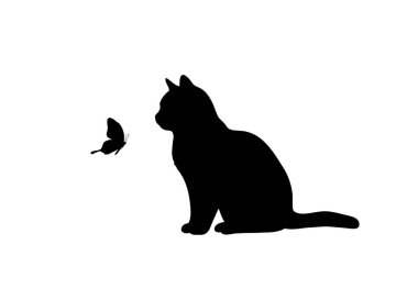Kedi ve kelebek silueti. Oturan bir kedi uçarken merakla kelebeğe bakar, dinamik ve dinamik bir etkileşim yaratır. Clipart siyah illüstrasyon tasarımı.