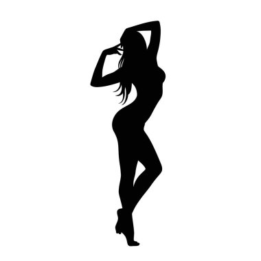Egzotik dansçı silueti. Şık poz, zarafet, akıcı hareket ve ritmik ifade. Clipart siyah illüstrasyon tasarımı.