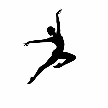 Caz dansı silueti. Caz dansçısının ana hatları ritmik zarafet ve dinamik hareketi dışavurumsal bir pozda sergiliyor. Clipart siyah illüstrasyon tasarımı.