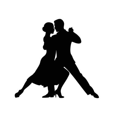 Tango dansı silueti. Balo salonu çifti ritmik tutku, zarif duruş ve zarif sanatçılık sergiliyor. Clipart siyah illüstrasyon tasarımı.