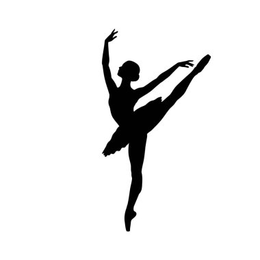 Balerin silueti. Bale dansçısı zarafet, esneklik ve klasik sanatçılık sergiliyor. Clipart siyah illüstrasyon tasarımı.