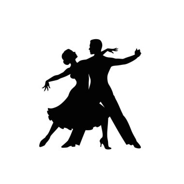 Balo dansı silueti. Dans eden çift, klasik balo dansı pozunda zarafet, ritim ve zarif hareketler sergiliyor. Clipart siyah illüstrasyon tasarımı.