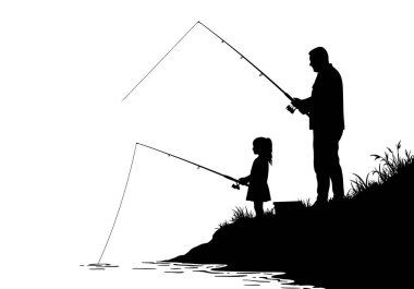 Baba kız balık silueti. Bu resim bir baba ve kızın birlikte balık tutmasını gösteriyor, aile bağını, takım çalışmasını ve doğadaki bağlantıyı sembolize ediyor. Clipart illüstrasyon tasarımı.