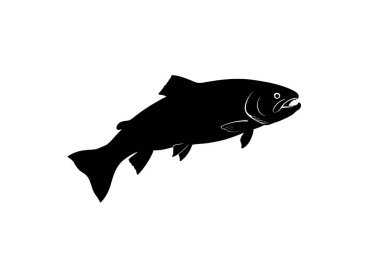 Sıçrayan alabalık silueti. Bu resim, sudan fırlayan bir alabalık balığını gösteriyor. Cesur bir tasarımla hareket ve su zarafetini vurguluyor. Clipart siyah illüstrasyon tasarımı.