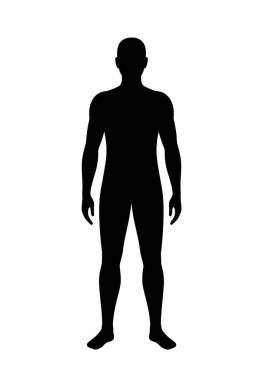 İnsan silueti. Bu resim ayakta duran bir insan figürünün siyah bir siluetini gösteriyor, yapıyı, duruşu ve anatomik temsili vurguluyor. Clipart siyah illüstrasyon tasarımı.