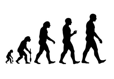 İnsan evrimi silueti. Bu resim, insan gelişiminin ilk hominidlerden modern insanlara, büyümeyi ve adaptasyonu sembolize eden ilerlemesini gösteriyor. Clipart siyah illüstrasyon tasarımı.