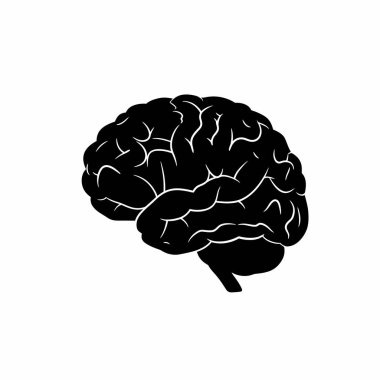 İnsan beyni silueti. Bu resim insan beyninin kıvrımlı ve hatlı, kavramsal ve anatomik karmaşıklığı sembolize eden ayrıntılı bir temsilini gösteriyor. Clipart siyah illüstrasyon tasarımı.