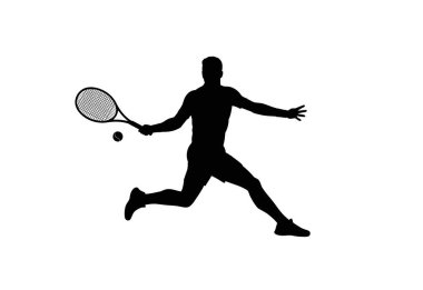 Tenis silueti. Bu görüntü, dinamik hareket ve atletik performansı vurgulayarak topa vuran bir tenisçinin siyah siluetini gösteriyor. Clipart illüstrasyon tasarımı.