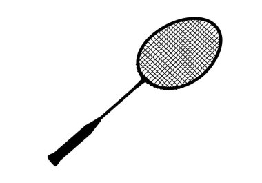 Badminton raket silueti. Bu resim, bir badminton raketinin siyah siluetini karmaşık ağ detaylarıyla, sporu ve eğlenceyi sembolize ederek gösteriyor. Clipart illüstrasyon tasarımı.