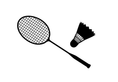 Badminton silueti. Bu resim badminton raketinin siluetini ve badminton sporunun dinamik ve rekabetçi sporunu simgeleyen servis aletini gösteriyor. Clipart illüstrasyon tasarımı.