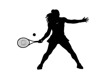 Serena Williams silueti. Bu resim Serena Williams 'ın güçlü bir forehand vuruşunu yaptığı silueti gösteriyor. Atletizmini ve ikonik varlığını simgeliyor. Clipart illüstrasyon tasarımı.