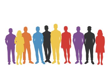 LGBTQ silueti. Bu görüntü, birlik, gurur ve sosyal bağlantıyı sembolize eden renkli siluetler aracılığıyla kapsayıcılığı ve çeşitliliği temsil eder. Clipart illüstrasyon tasarımı.