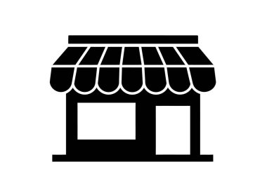 Silüeti sakla. Bu resim, çizgili tenteli, dikdörtgen pencereli ve ticari bir mağazayı temsil eden bir kapının siyah siluetini gösteriyor. Clipart illüstrasyon tasarımı.
