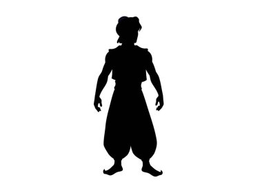 Aladdin silueti. Bu resim Aladdin 'in siyah siluetini tasvir ediyor. Arap Geceleri' nin efsanevi kahramanı. Maceracı bir pozda duruyor. Clipart illüstrasyon tasarımı.