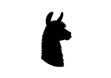Lama kafa silueti. Bu resim, profil görünümünde bir lama kafasının siyah bir siluetini, belirgin kürkünü, kulaklarını ve yüz hatlarını gösteriyor. Clipart illüstrasyon tasarımı.