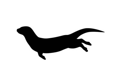 Yüzen su samuru silueti. Bu resim, su samurunun yüzüşünü, pürüzsüz ve aerodinamik vücudunu vurgulayarak su yaban hayatını sembolize eden siyah bir siluetini gösteriyor. Clipart illüstrasyon tasarımı.