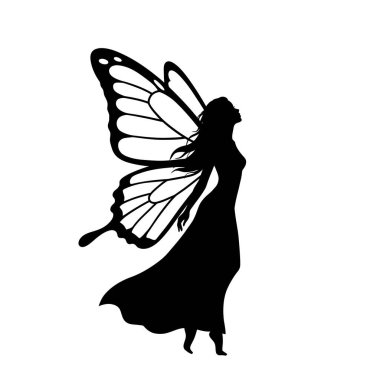 Kelebek kadın silueti. Kelebek kanatlı, zarif bir duruşu ve dalgalı elbisesi olan güzel ve alımlı bir kadın. Clipart siyah illüstrasyon tasarımı.