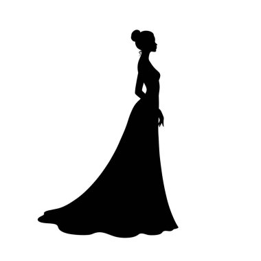 Moda kadını silueti. Uzun, dalgalı elbisesi ve sofistike saç stili olan zarif bir kadın. Clipart siyah illüstrasyon tasarımı.