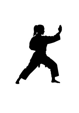 Kadın karate silueti. Karate pozisyonunda bir kolu açık, diğeri eğik, güç ve hassasiyet gösteren bir kadın. Clipart siyah illüstrasyon tasarımı.