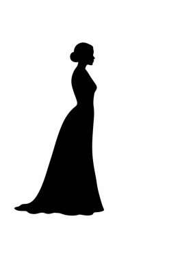 Siluetli kadın. Dalgalı bir elbise giymiş zarif bir kadın, sonsuz zarafet ve güzellik saçıyor. Clipart siyah illüstrasyon tasarımı.