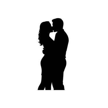 Kadın ve erkek, silueti öpüyor. Bir çiftin romantik siyah silueti, samimi bir öpücük paylaşıyor, sevgiyi ve birlikteliği vurguluyor. Clipart siyah illüstrasyon tasarımı.