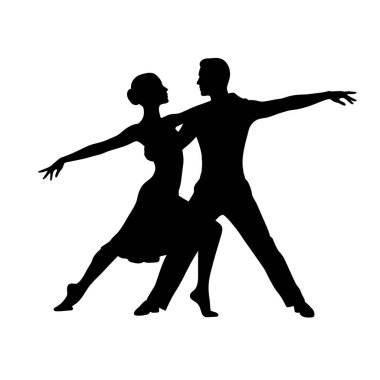 Erkek kadın siluet dansı yapıyor. Zarif bir dans pozu, zarafet ve sanatsal hareket sergileyen bir çift. Clipart siyah illüstrasyon tasarımı.