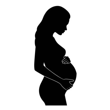 Hamile bayan silueti. Profilde, karnını tutan, anneliği ve beslenmeyi sembolize eden hamile bir kadının zarif tasviri. Clipart siyah illüstrasyon tasarımı.