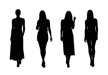Bayanların silueti. Görüntü, çeşitli zarif pozlar ve kıyafetler içinde birden fazla kadın figürü tasvir ediyor, gösteriş tarzı ve zarafeti. Clipart siyah illüstrasyon tasarımı.