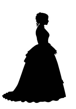 Viktorya dönemi kadın silueti. Viktorya dönemi zarif hanımefendisi resmi bir elbise giyiyor ve bukleli, zamansız zarafet ve tarzı sembolize ediyor. Clipart siyah illüstrasyon tasarımı.