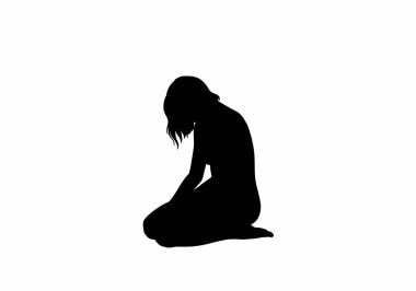Diz çökmüş bir kadın. Bir kadın diz çökmüş, saçları zarifçe sarkmış olarak gösteriliyor. Clipart siyah illüstrasyon tasarımı.