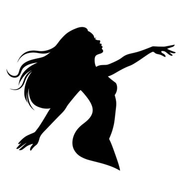 Kadın silueti resmi. Güzel bir kadın figürü, dalgalı saçları ve kolları dışavurumcu bir duruşla uzatılmış. Clipart siyah illüstrasyon tasarımı.