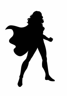 Harika kadın silueti. Güçlü ve kendinden emin bir süper kahraman peleriniyle gururla poz verir. Clipart siyah illüstrasyon tasarımı.