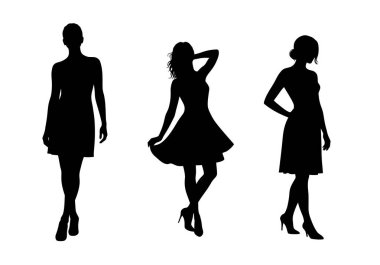 Üç kadın silueti. Farklı pozlarda, şık elbiseler ve yüksek topuklu ayakkabılar giyen üç kadın şık bir moda sergiliyorlar. Clipart siyah illüstrasyon tasarımı.