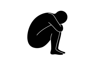 Depresyon silueti. Bu görüntü, hüznü, duygusal mücadeleyi ve yalnızlığı sembolize eden hüzünlü bir kişinin siyah beyaz tasarımını gösteriyor. Clipart illüstrasyon tasarımı.