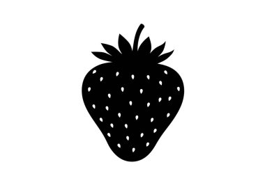 Çilekli siluet. Bu resimde taze meyve ve organik botanik tasarımı temsil eden bir çileğin siyah silueti yer alıyor. Clipart illüstrasyon tasarımı.
