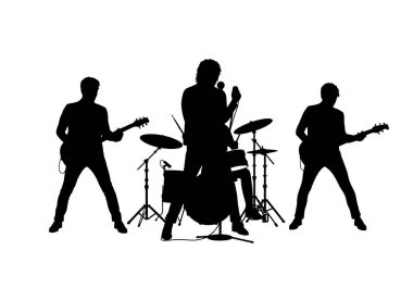 Rock grubu silueti. Bu görüntü, bir şarkıcı, iki gitarist ve bir davulcunun çalgılarıyla sahnede canlı performans sergilediği bir rock grubunu gösteriyor. Clipart illüstrasyon tasarımı.