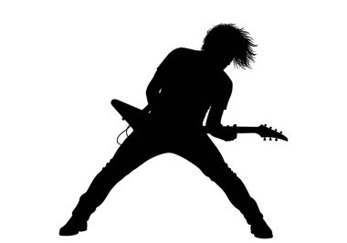 Rock gitaristi silueti. Bu resim, dinamik duruş ve saç hareketleriyle elektro gitar çalan bir rock gitaristi siluetini gösteriyor. Clipart illüstrasyon tasarımı.