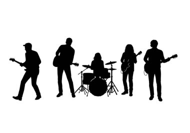 Bant silueti. Bu resim, sahnede bir müzik topluluğu olarak çalan gitar ve davul da dahil olmak üzere beş müzisyenin siyah siluetlerini gösteriyor. Clipart illüstrasyon tasarımı.
