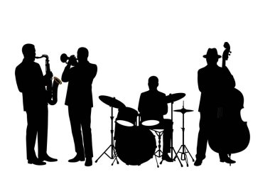 Caz bandı silueti. Bu resim saksafon, trompet, davul ve bas çalan müzisyenlerin yer aldığı bir caz grubunun siyah siluetini gösteriyor. Clipart illüstrasyon tasarımı.