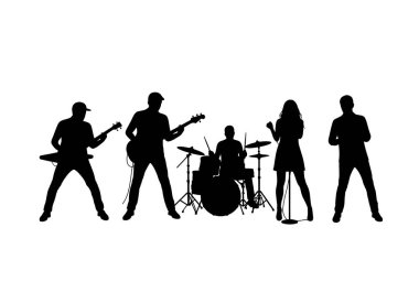 Müzik bandı silueti. Bu resim bir müzik grubunun siluetini gösteriyor. Üyeler gitar, bas, davul ve mikrofonlu bir şarkıcı çalıyorlar. Clipart illüstrasyon tasarımı.