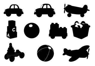 Oyuncak silueti. Bu resim, çocukluk oyunu, eğlence ve eğlenceyi sembolize eden çeşitli oyuncak şekillerinin siyah beyaz dizaynını gösteriyor. Clipart illüstrasyon tasarımı.