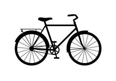 Bisiklet silueti. Bu resim bisiklete binen bir kişinin siyah siluetini gösteriyor, bisikletin şeklini ve hareketini vurguluyor. Clipart illüstrasyon tasarımı.