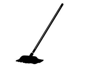 Siluet paspas. Bu resim uzun saplı ve kıllı siyah beyaz bir paspas tasarımı gösteriyor, temizlik ve hijyen için kullanılıyor. Clipart illüstrasyon tasarımı.