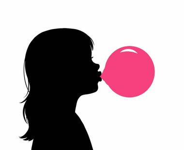 Sakız silueti. Bu görüntü, sakızla balon şişiren bir kişinin siyah beyaz tasarımını gösteriyor, eğlenceyi, oyunculuğu ve çocukluk nostaljisini sembolize ediyor. Clipart illüstrasyon tasarımı.