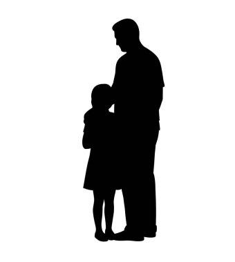 Baba kız silueti. Bu görüntü bir baba ve kızın bir arada durduğunu gösteriyor. Silüet bir tarzda, bağlarını ve ilişkilerini vurguluyor. Clipart illüstrasyon tasarımı.