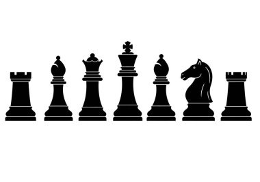 Satranç silueti. Bu resim, kaleler, atlar, filler, kraliçeler ve krallar gibi satranç taşlarının siluet şeklinde dizaynını gösteriyor. Clipart illüstrasyon tasarımı.