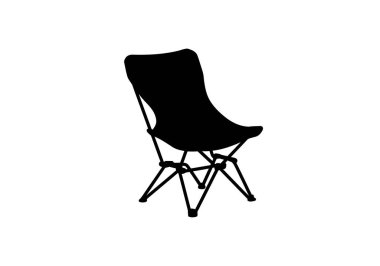 Kamp sandalyesi silueti. Bu resim katlanabilir bir kamp sandalyesinin siyah siluetini gösteriyor, açık hava kullanımı için taşınabilir ve pratik tasarımını vurguluyor. Clipart illüstrasyon tasarımı.
