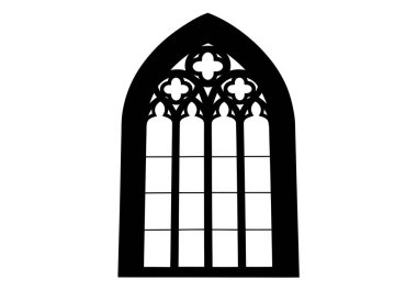 Kilisenin pencere silueti. Bu resim kilisenin pencere siluetini gösteriyor, aynı zamanda katedral pencere taslağı olarak da bilinir, gotik iz sürme ve dekoratif öğeler içerir. Clipart illüstrasyon tasarımı.
